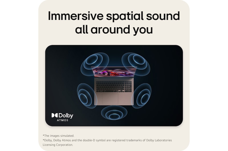 'The image shows a top-down view of a laptop with a vibrant, purple-themed graphic on the screen. Surrounding the laptop are dynamic sound wave visuals, indicating an immersive audio experience. The "Dolby Atmos" logo is displayed in the bottom right corner.