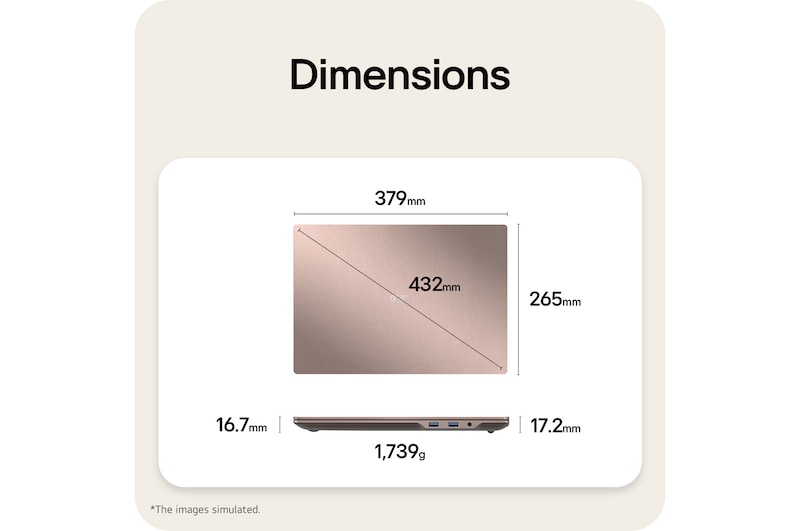This image shows a dimensions diagram of the LG gram laptop, indicating the top view width and height, a diagonal size, and the side view showing thickness and weight.
