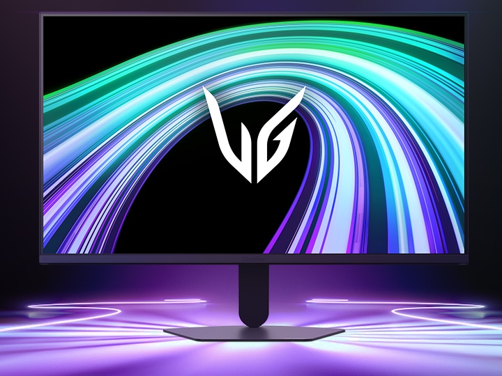Front image of the UltraGear™ 27G521B gaming monitor in a futuristic, neon-lit room.