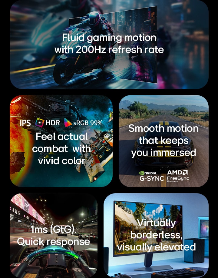This image presents key features of an LG gaming monitor, including a 200Hz refresh rate for fluid motion, IPS display with HDR and sRGB 99% color for vivid visuals, smooth gameplay with NVIDIA G-SYNC and AMD FreeSync Premium support, 1ms(GtG) response time for fast-paced gaming, and a virtually borderless design for an immersive setup.