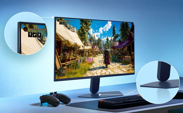 This image shows an UltraGear™ gaming monitor on a desk setup displaying a game scene, with zoomed-in highlights emphasizing the borderless display design and a sleek floating-like stand.