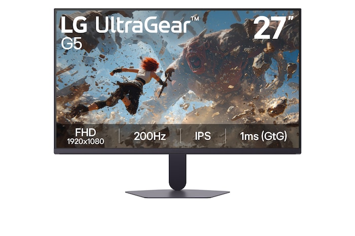 Front view of the LG UltraGear G5 27-inch gaming monitor, featuring an IPS display with FHD (1920×1080) resolution, a 200Hz refresh rate, and a 1ms (GtG) response time, designed for fast performance and smooth gameplay, displaying game imagery.
