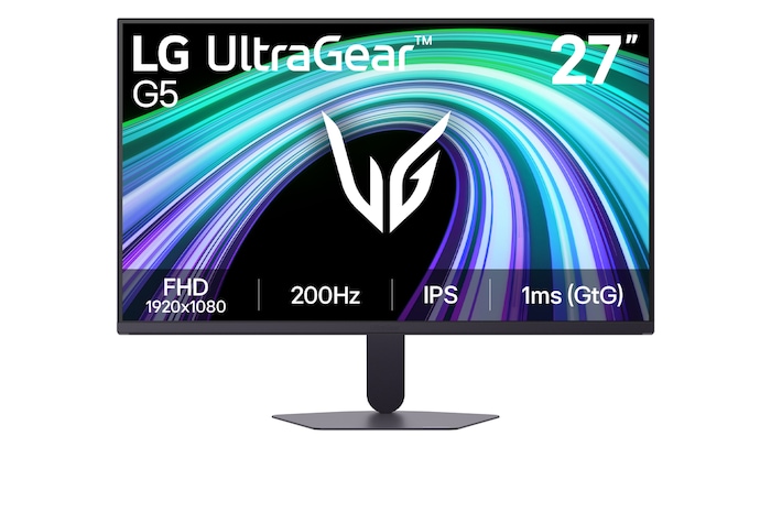 This image shows the front view of the LG UltraGear G5 27-inch gaming monitor, featuring IPS display with FHD (1920×1080) resolution, a 200Hz refresh rate, and 1ms (GtG) response time, emphasizing fast performance and smooth gameplay for gaming use.