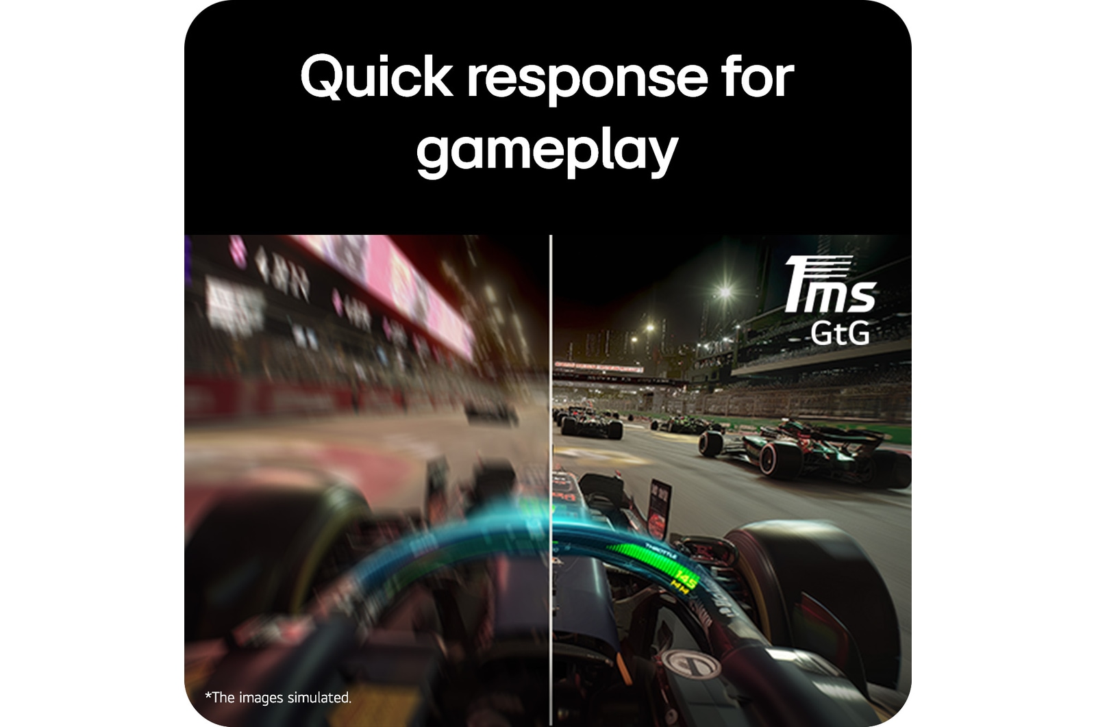 Comparison image showing fast on-screen transitions enabled by a 1ms (GtG) response time, delivering smoother and more responsive gameplay visuals on a gaming monitor.