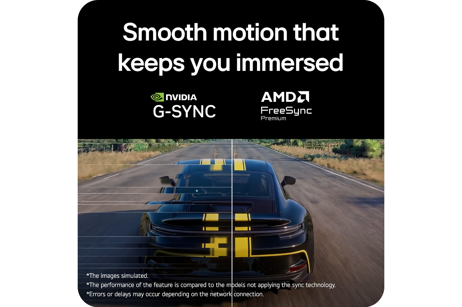 Racing scene from Assetto Corsa Competizione displayed on a gaming monitor, featuring Adaptive Sync support with NVIDIA G-SYNC and AMD FreeSync Premium for smooth, tear-free gameplay.