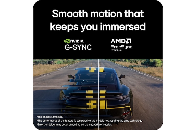 Racing scene from Assetto Corsa Competizione displayed on a gaming monitor, featuring Adaptive Sync support with NVIDIA G-SYNC and AMD FreeSync Premium for smooth, tear-free gameplay.
