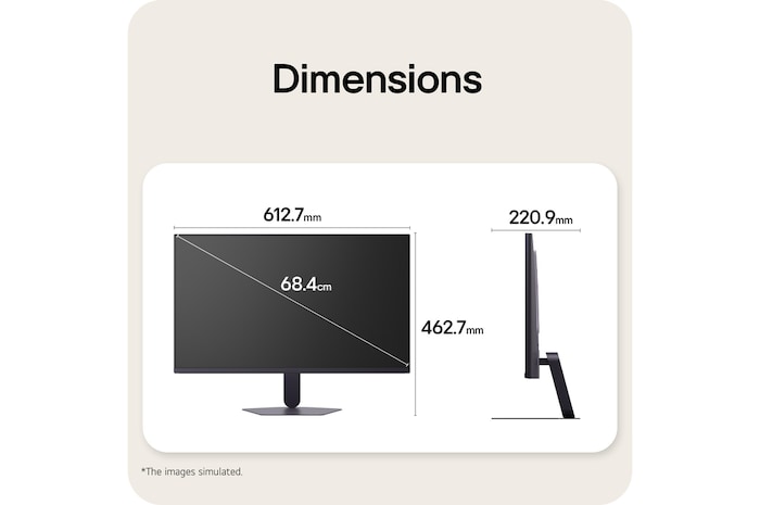 Front and side views of a gaming monitor illustrating its overall dimensions and profile design.
