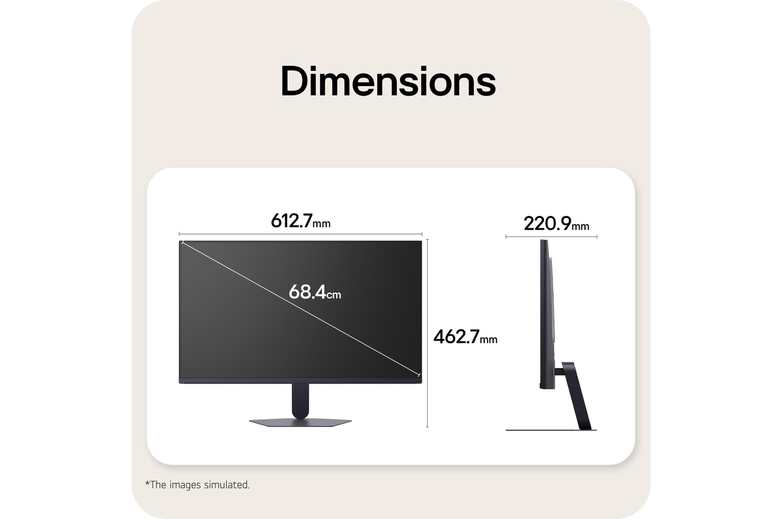 Front and side views of a gaming monitor illustrating its overall dimensions and profile design.