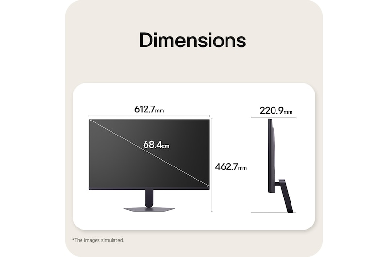 Front and side views of a gaming monitor illustrating its overall dimensions and profile design.