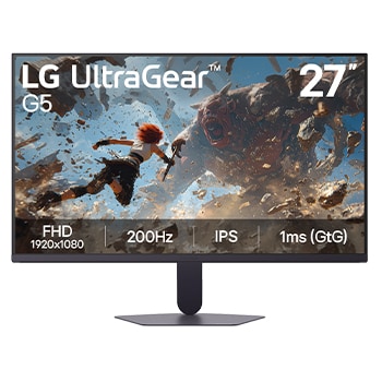 Front view of the LG UltraGear G5 27-inch gaming monitor, featuring an IPS display with FHD (1920×1080) resolution, a 200Hz refresh rate, and a 1ms (GtG) response time, designed for fast performance and smooth gameplay, displaying game imagery.