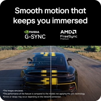 Racing scene from Assetto Corsa Competizione displayed on a gaming monitor, featuring Adaptive Sync support with NVIDIA G-SYNC and AMD FreeSync Premium for smooth, tear-free gameplay.