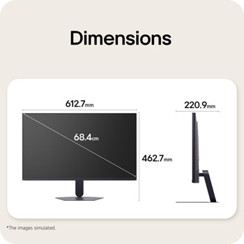 Front and side views of a gaming monitor illustrating its overall dimensions and profile design.
