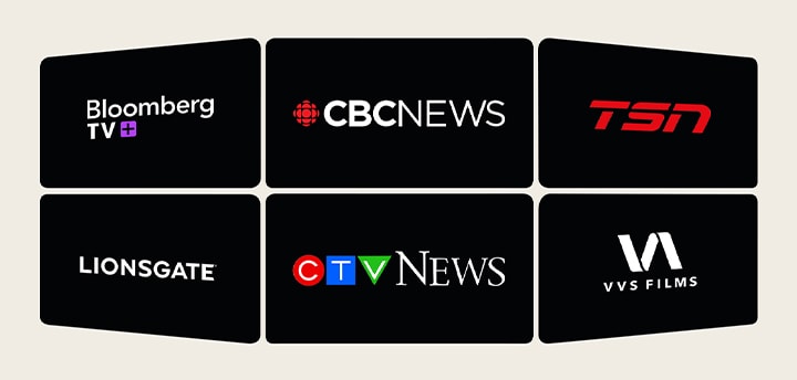 Six TV show thumbnails displayed on screen, representing a diverse selection of LG Channels, including sports, news, kids entertainment, and lifestyle programs.