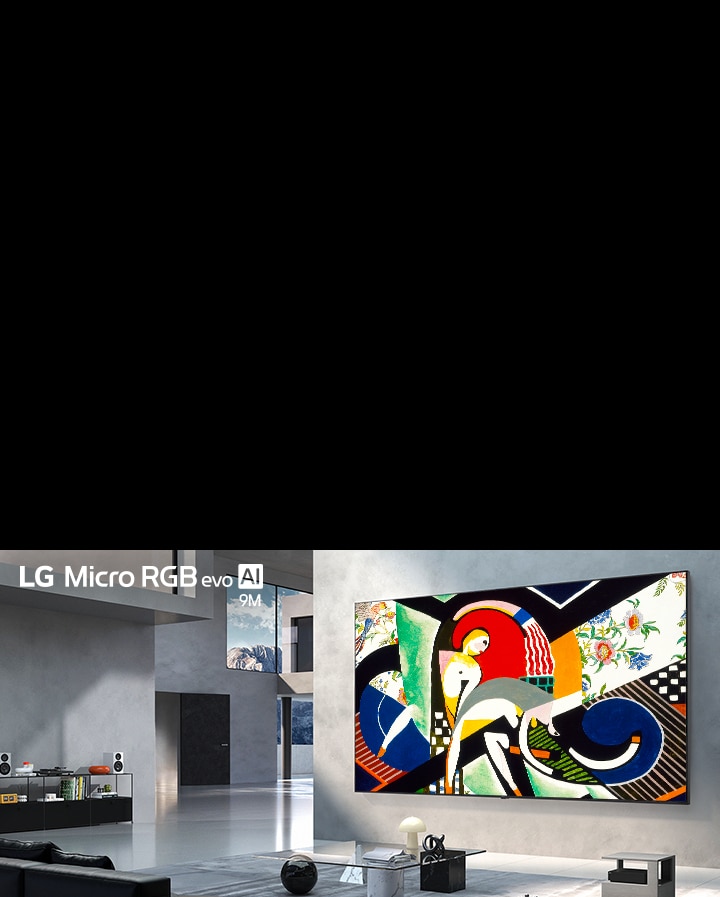 LG Mini RGB evo AI MRGB9M True Wireless TV with Zero Connect Box is wall-mounted in a spacious modern living room, displaying high-resolution abstract artwork while a cable-free setup keeps the interior minimal and uncluttered.