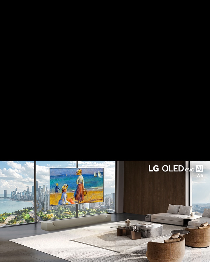 LG OLED evo AI W6 Wallpaper TV is displayed in a living room, showing a vibrant seaside painting while its refined ultra-slim form aligns seamlessly with the open, modern surroundings.