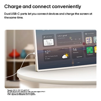 LG StanbyME 2 Max LX6 Movable Screen connected via a USB-C cable on a table, displaying a home widget interface, highlighting convenient charging and seamless device connectivity through USB-C port.