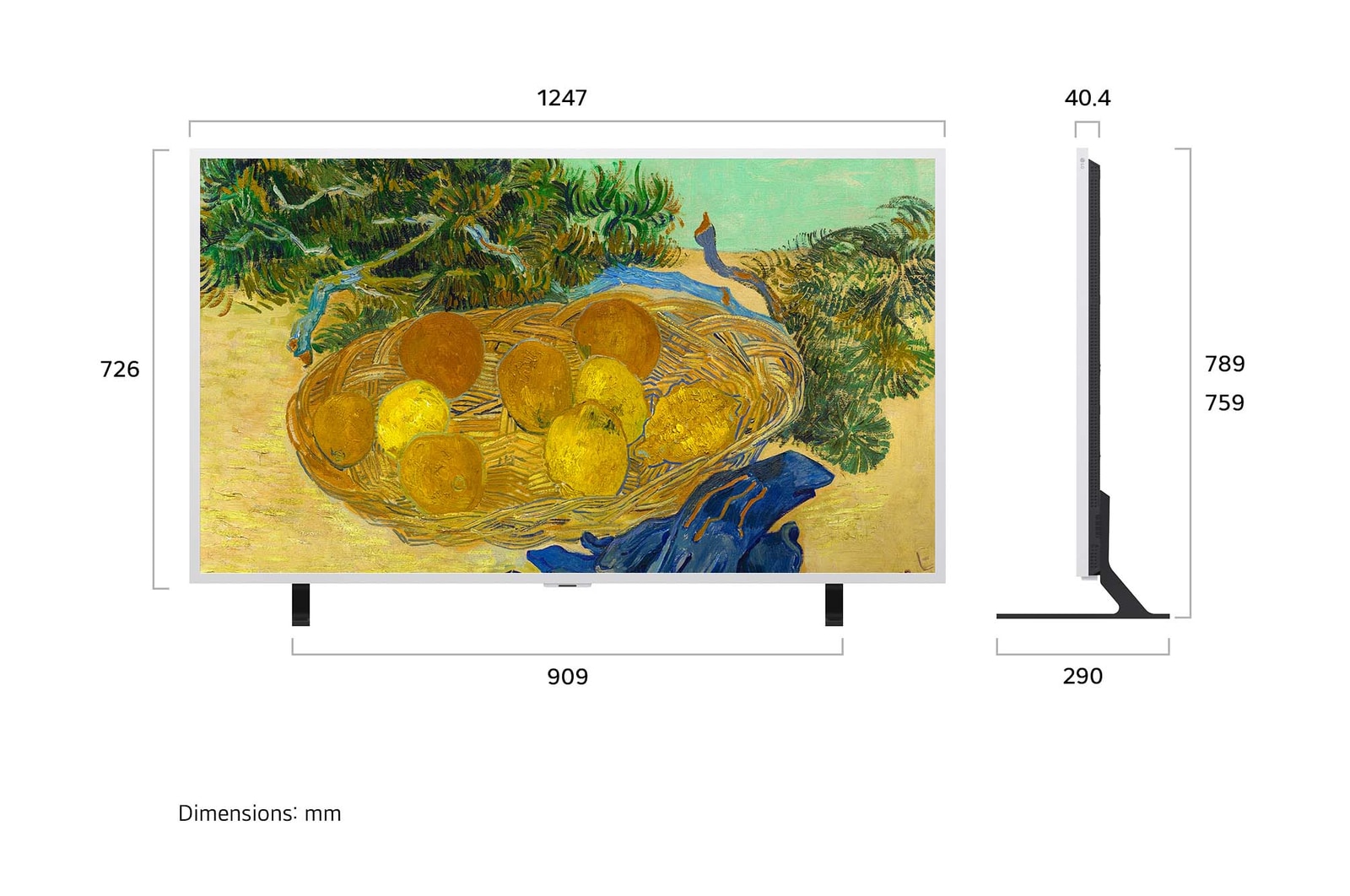 LG Gallery TV AI with frame LX7 ART TV shown in front and side views highlights an 65-inch display with a 1096 mm-wide screen, 850 mm screen height, 882/912 mm height with stand, a 40.5 mm profile depth, and a stand footprint measuring 1096 by 315 mm.