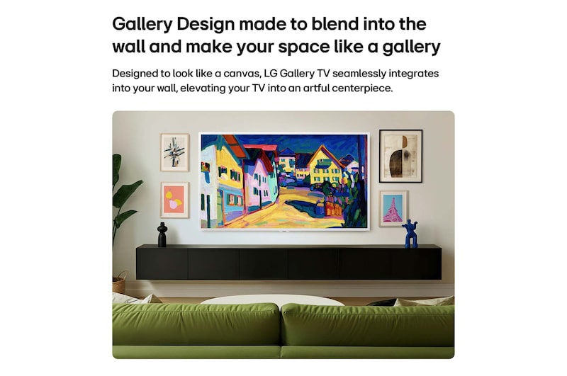LG Gallery TV AI with frame LX7 ART TV is wall-mounted with a Snow White frame, displaying a colorful painting of houses and a sunlit street, set within a modern living room styled with multiple framed artworks.