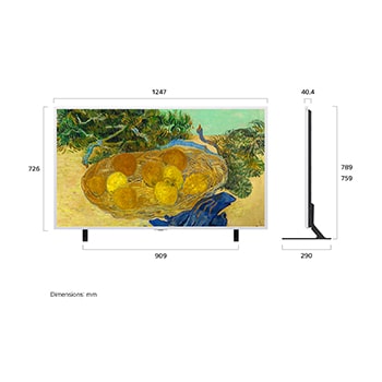 LG Gallery TV AI with frame LX7 ART TV shown in front and side views highlights an 65-inch display with a 1096 mm-wide screen, 850 mm screen height, 882/912 mm height with stand, a 40.5 mm profile depth, and a stand footprint measuring 1096 by 315 mm.