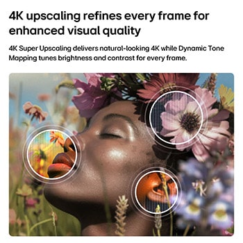 LG NANO 4K UHD AI nu70 enables 4K Super Upscaling with Dynamic Tone Mapping, showing a close-up portrait with flowers as AI refines each frame to enhance skin texture, fine details, and natural color up to 4K resolution.