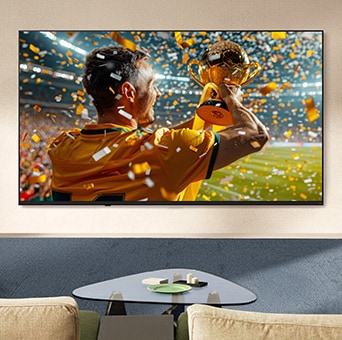 LG NANO 4K UHD AI NU85 Ultra Big TV shows a large-scale sports victory scene with confetti and a raised trophy, emphasizing vivid color, clear detail, and immersive scale.