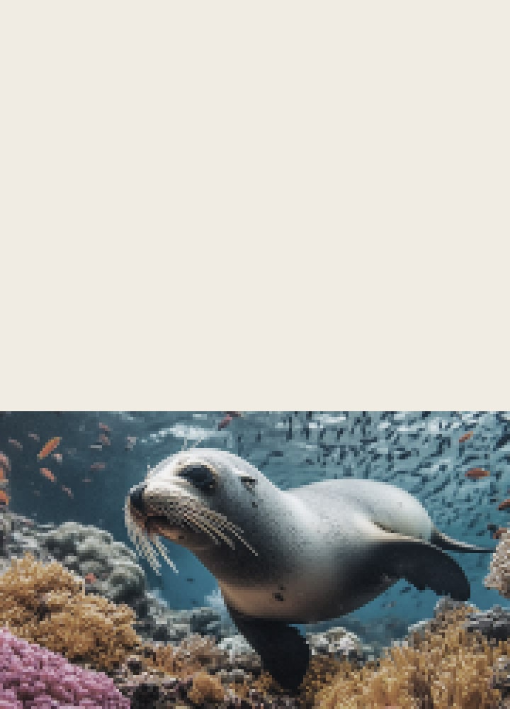 LG NANO 4K UHD AI NU85 with 4K Super Upscaling shows an underwater scene of a sea lion, as AI recognizes and upscales each frame up to 4K resolution, then zooms out to reveal a child watching up close, immersed in the vivid detail.
