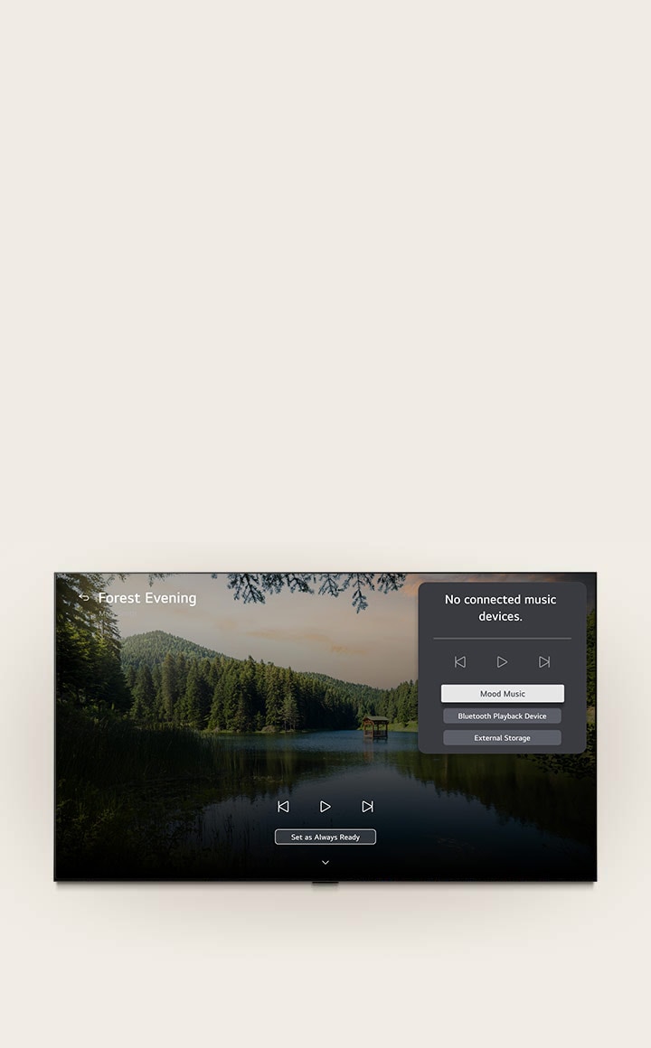 LG NANO 4K UHD AI NU85's LG Gallery+ with BGM and Music Lounge shows the “Forest Evening” forest lake scene on screen, with a visible music lounge UI panel for mood music, Bluetooth playback, and controls. 