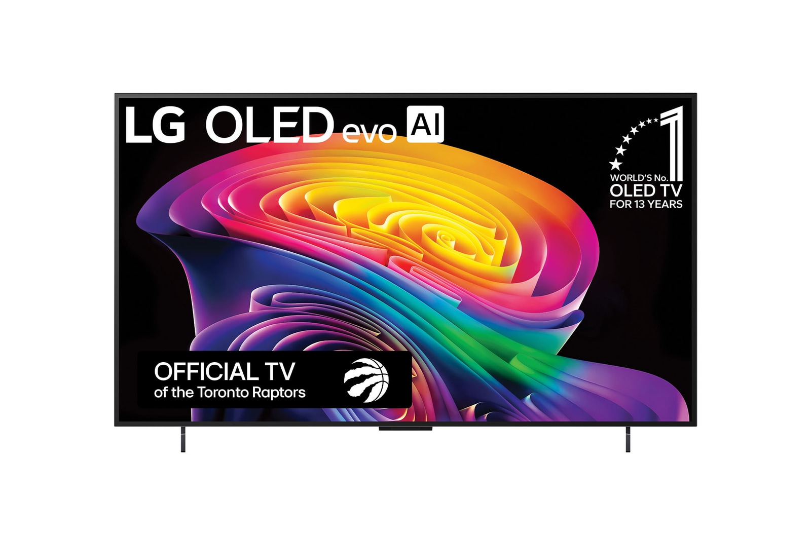 The front view of the LG OLED evo AI C6, released in 2026, displays an image of layered, multicolored forms, featuring Hyper Radiant Color Tech, Perfect Black & Perfect Color, along with the World’s No.1 OLED TV for 13 Years badge.