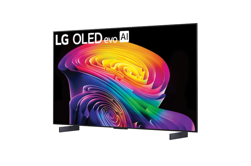 LG OLED evo AI C6 shown in front and side views highlights a 83-inch display with a 1842 mm-wide screen, an overall height of 1055 mm, and an ultra-slim 52.9 mm depth without a stand.