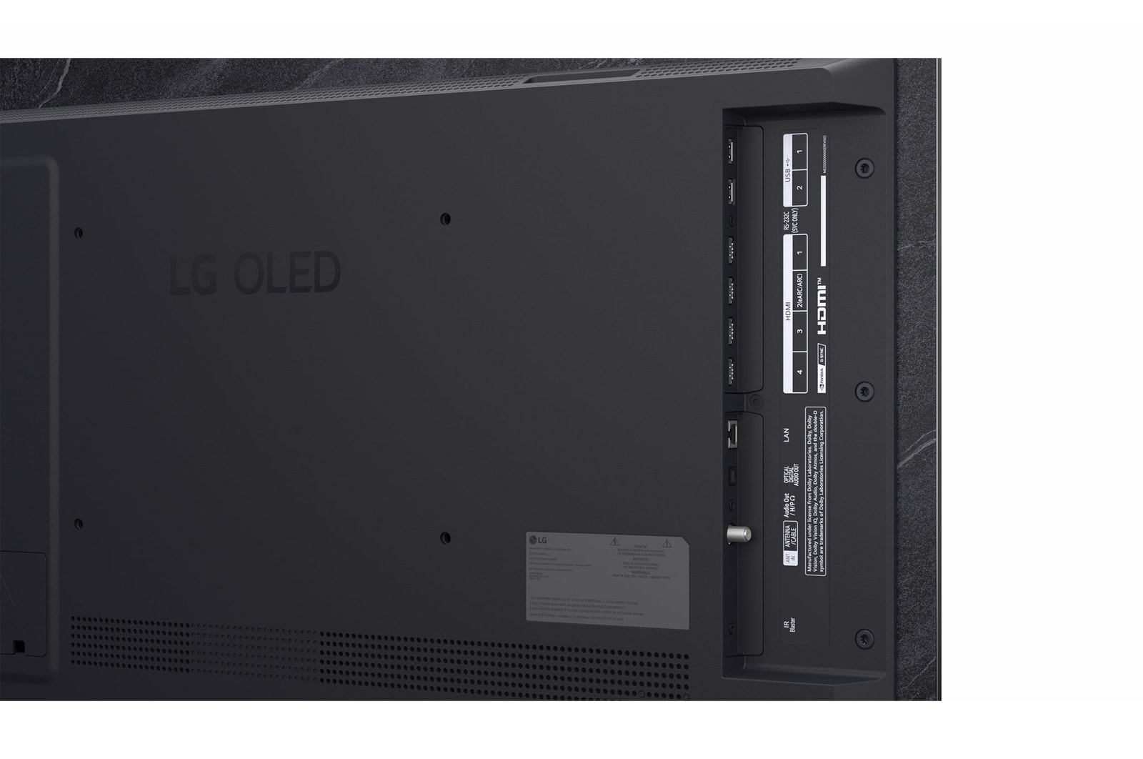 The front view of LG OLED evo AI C6, released in 2026, features a slim black bezel, with a vivid, sculpted swirl of layered rainbow tones flowing across the screen.