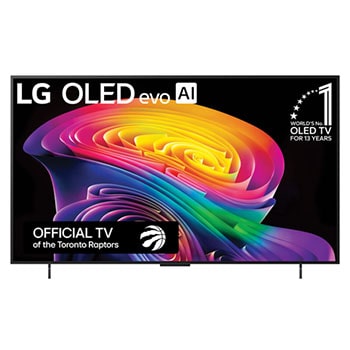 The front view of the LG OLED evo AI C6, released in 2026, displays an image of layered, multicolored forms, featuring Hyper Radiant Color Tech, Perfect Black & Perfect Color, along with the World’s No.1 OLED TV for 13 Years badge.