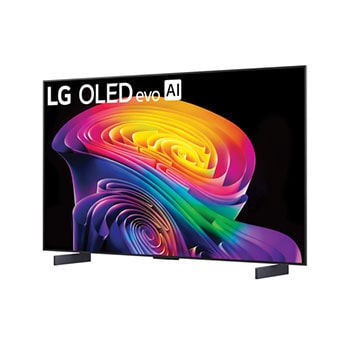 LG OLED evo AI C6 shown in front and side views highlights a 83-inch display with a 1842 mm-wide screen, an overall height of 1055 mm, and an ultra-slim 52.9 mm depth without a stand.