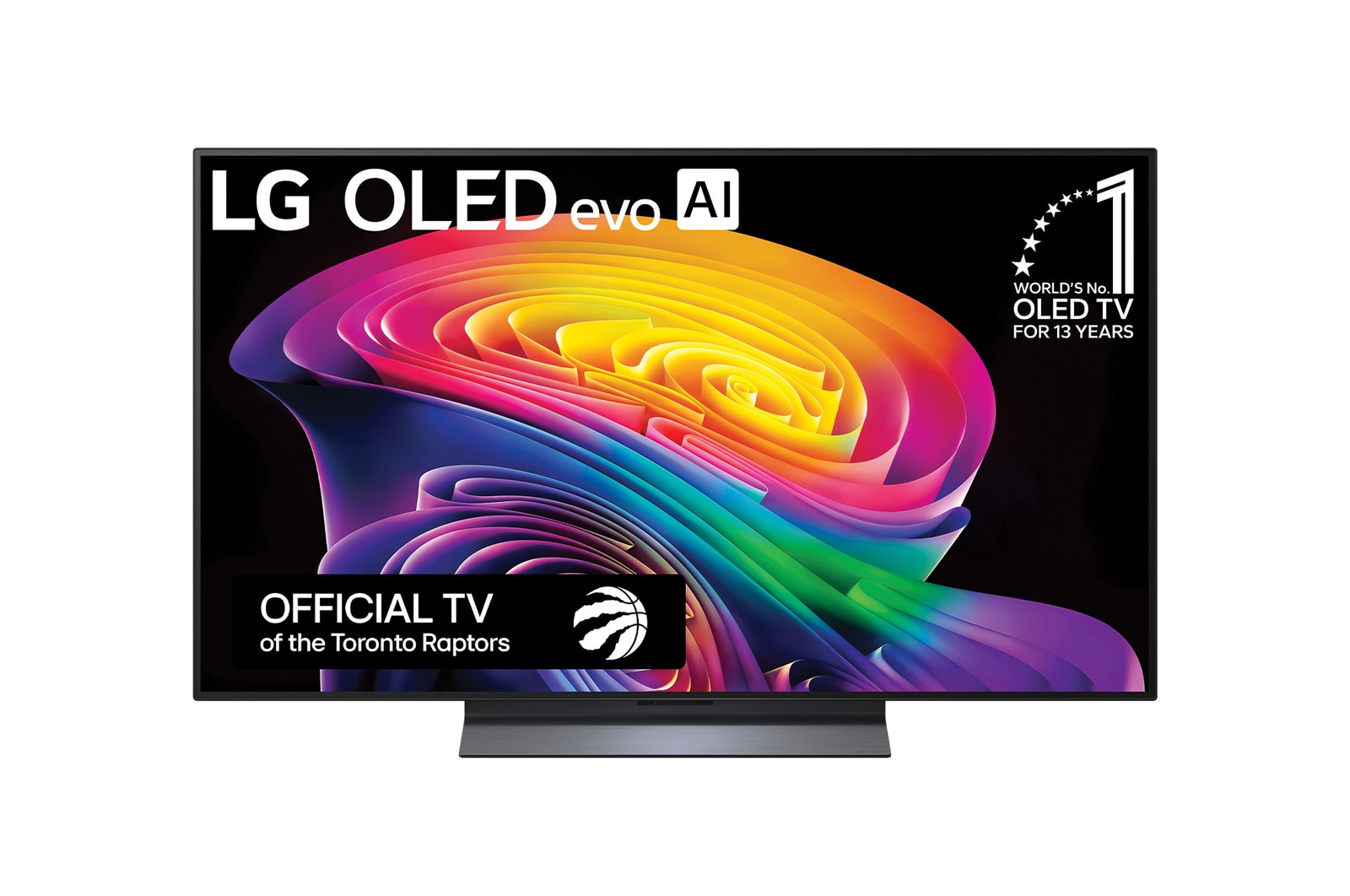The front view of the LG OLED evo AI C6, released in 2026, displays an image of layered, multicolored forms, featuring Hyper Radiant Color Tech, Perfect Black & Perfect Color, along with the World’s No.1 OLED TV for 13 Years badge.