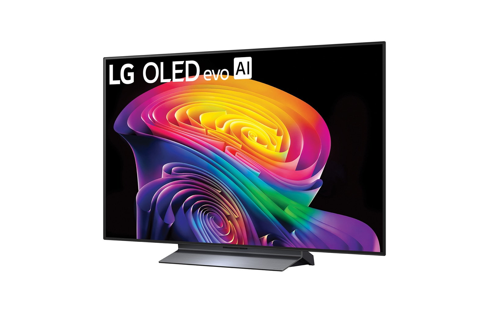 LG OLED evo AI C6 shown in front and side views highlights a 83-inch display with a 1842 mm-wide screen, an overall height of 1055 mm, and an ultra-slim 52.9 mm depth without a stand.