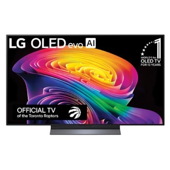 The front view of the LG OLED evo AI C6, released in 2026, displays an image of layered, multicolored forms, featuring Hyper Radiant Color Tech, Perfect Black & Perfect Color, along with the World’s No.1 OLED TV for 13 Years badge.
