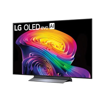 LG OLED evo AI C6 shown in front and side views highlights a 83-inch display with a 1842 mm-wide screen, an overall height of 1055 mm, and an ultra-slim 52.9 mm depth without a stand.