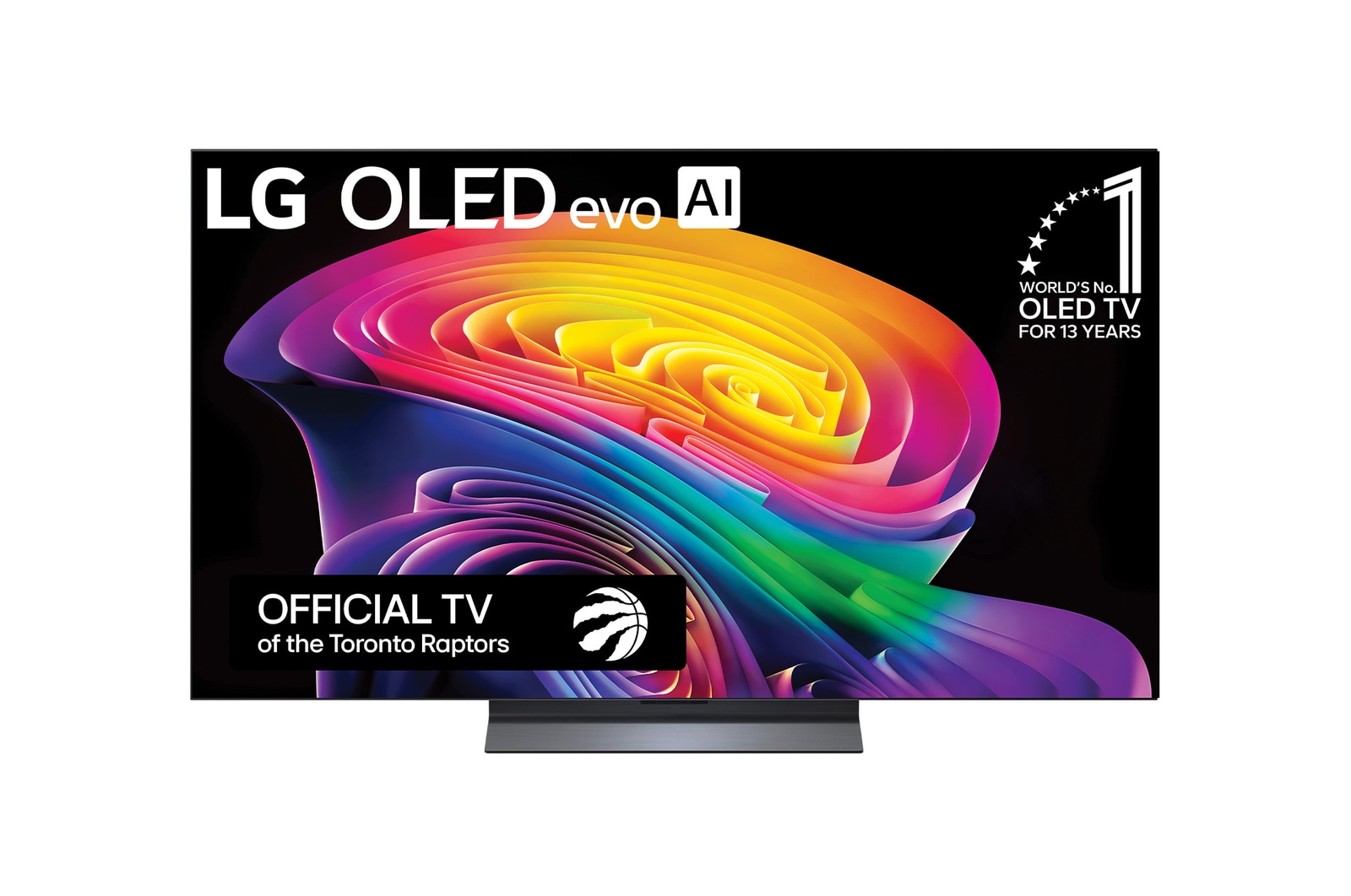 The front view of the LG OLED evo AI C6, released in 2026, displays an image of layered, multicolored forms, featuring Hyper Radiant Color Tech, Perfect Black & Perfect Color, along with the World’s No.1 OLED TV for 13 Years badge.