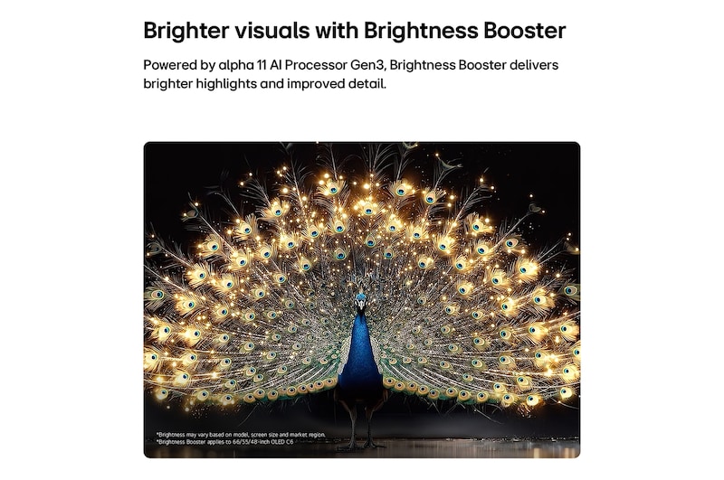 LG OLED evo AI C6 features AI Hub for personalization, with an AI icon above a remote control surrounded by labels for Multi AI Search, AI Concierge, AI Voice ID with My Page, AI Chatbot, AI Picture Wizard, and AI Sound Wizard.