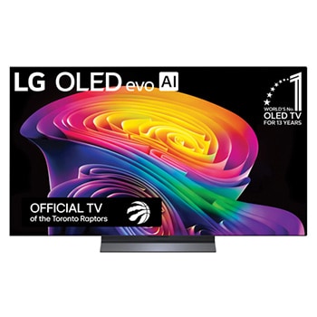 The front view of the LG OLED evo AI C6, released in 2026, displays an image of layered, multicolored forms, featuring Hyper Radiant Color Tech, Perfect Black & Perfect Color, along with the World’s No.1 OLED TV for 13 Years badge.