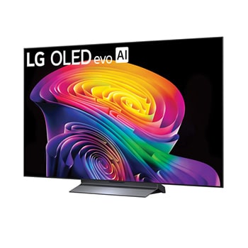 LG OLED evo AI C6 shown in front and side views highlights a 83-inch display with a 1842 mm-wide screen, an overall height of 1055 mm, and an ultra-slim 52.9 mm depth without a stand.