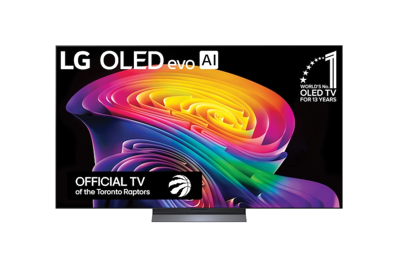 The front view of the LG OLED evo AI C6, released in 2026, displays an image of layered, multicolored forms, featuring Hyper Radiant Color Tech, Perfect Black & Perfect Color, along with the World’s No.1 OLED TV for 13 Years badge.