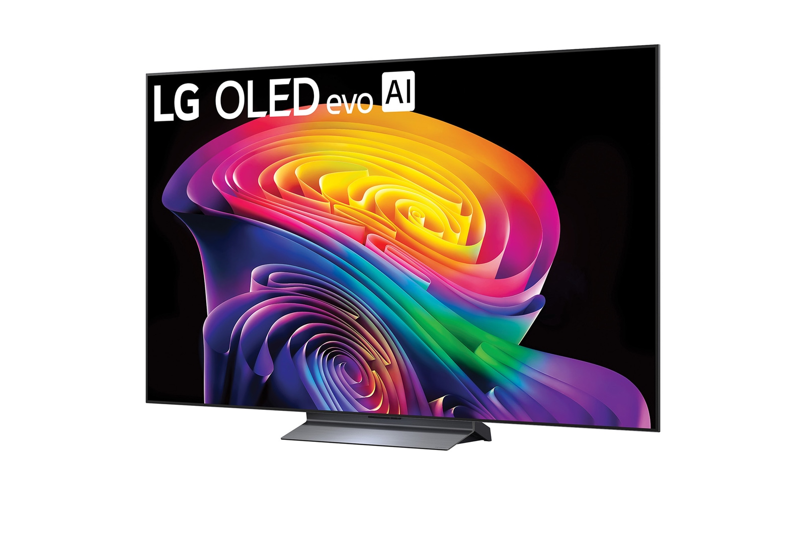 LG OLED evo AI C6 shown in front and side views highlights a 83-inch display with a 1842 mm-wide screen, an overall height of 1055 mm, and an ultra-slim 52.9 mm depth without a stand.