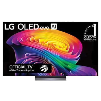 The front view of the LG OLED evo AI C6, released in 2026, displays an image of layered, multicolored forms, featuring Hyper Radiant Color Tech, Perfect Black & Perfect Color, along with the World’s No.1 OLED TV for 13 Years badge.