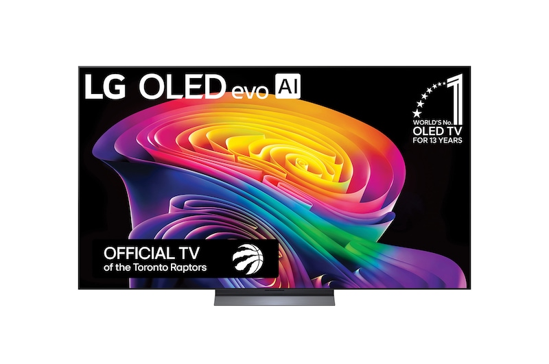 The front view of the LG OLED evo AI C6, released in 2026, displays an image of layered, multicolored forms, featuring Hyper Radiant Color Tech, Perfect Black & Perfect Color, along with the World’s No.1 OLED TV for 13 Years badge.