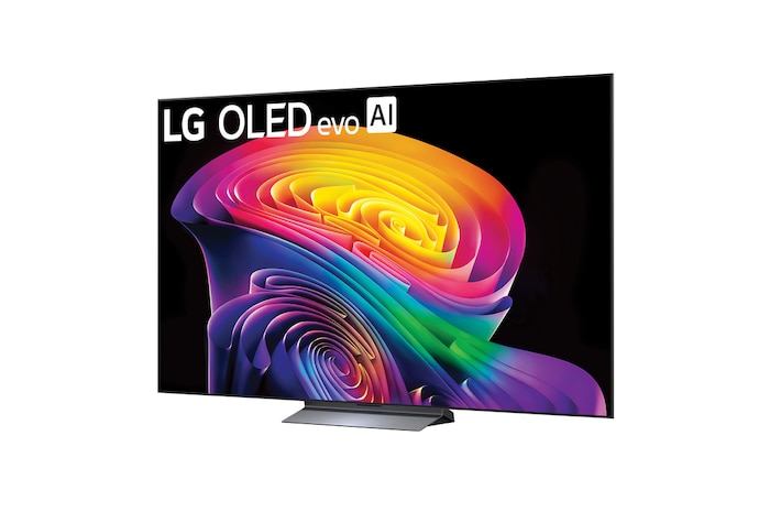 LG OLED evo AI C6 shown in front and side views highlights a 83-inch display with a 1842 mm-wide screen, an overall height of 1055 mm, and an ultra-slim 52.9 mm depth without a stand.