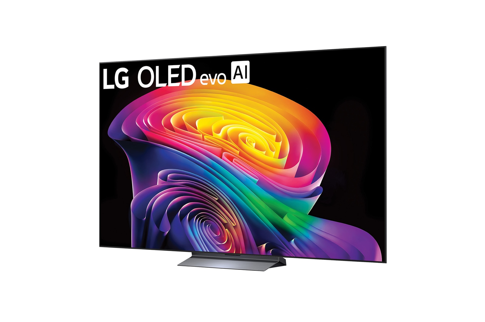 LG OLED evo AI C6 shown in front and side views highlights a 83-inch display with a 1842 mm-wide screen, an overall height of 1055 mm, and an ultra-slim 52.9 mm depth without a stand.