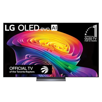 The front view of the LG OLED evo AI C6, released in 2026, displays an image of layered, multicolored forms, featuring Hyper Radiant Color Tech, Perfect Black & Perfect Color, along with the World’s No.1 OLED TV for 13 Years badge.