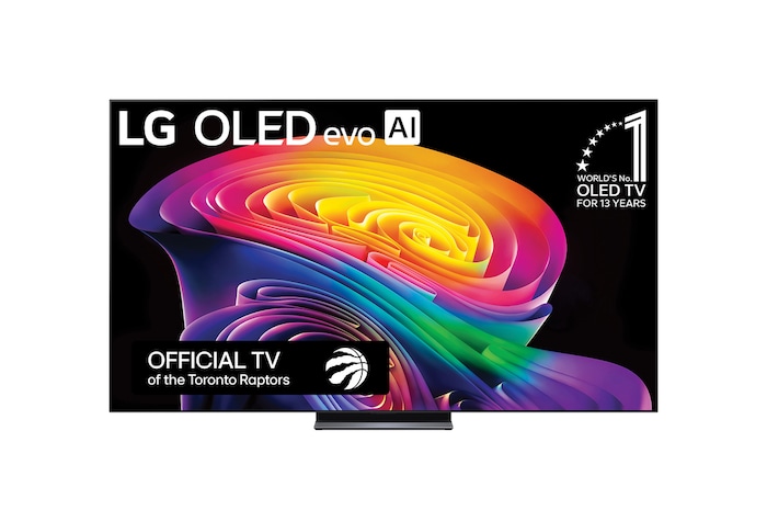 The front view of the LG OLED evo AI C6, released in 2026, displays an image of layered, multicolored forms, featuring Hyper Radiant Color Tech, Perfect Black & Perfect Color, along with the World’s No.1 OLED TV for 13 Years badge.