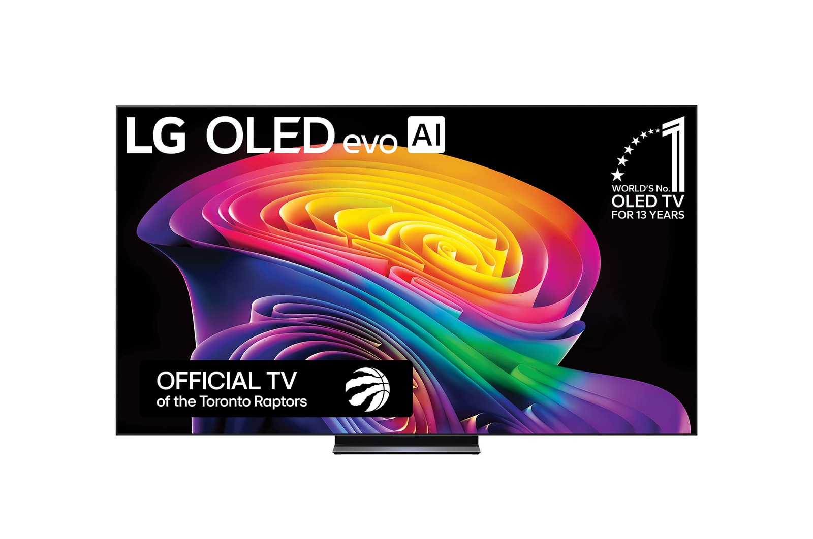 The front view of the LG OLED evo AI C6, released in 2026, displays an image of layered, multicolored forms, featuring Hyper Radiant Color Tech, Perfect Black & Perfect Color, along with the World’s No.1 OLED TV for 13 Years badge.