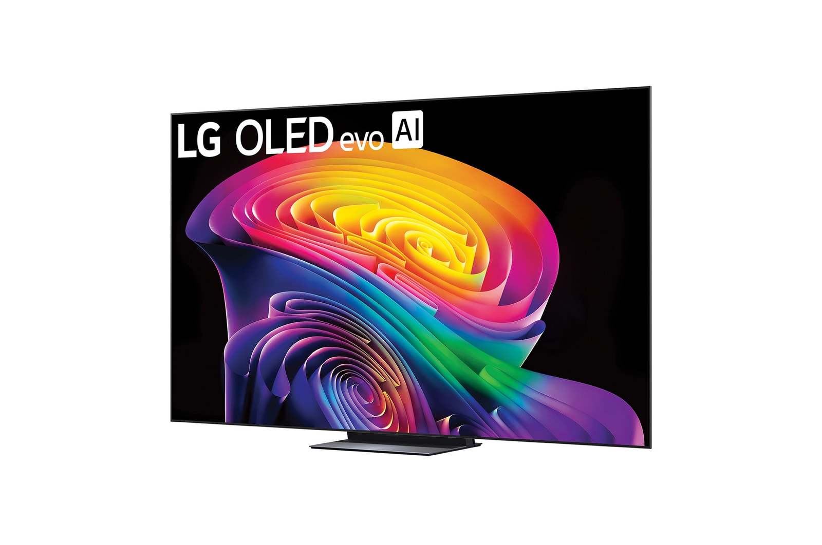 LG OLED evo AI C6 shown in front and side views highlights a 83-inch display with a 1842 mm-wide screen, an overall height of 1055 mm, and an ultra-slim 52.9 mm depth without a stand.